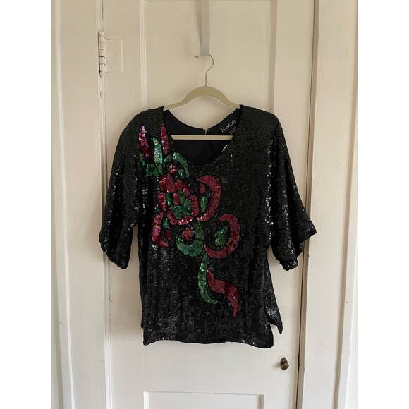 NWT Vintage 80s Exotica Silk Black Red Sequin Blouse Size 1X - Picture 10 of 15